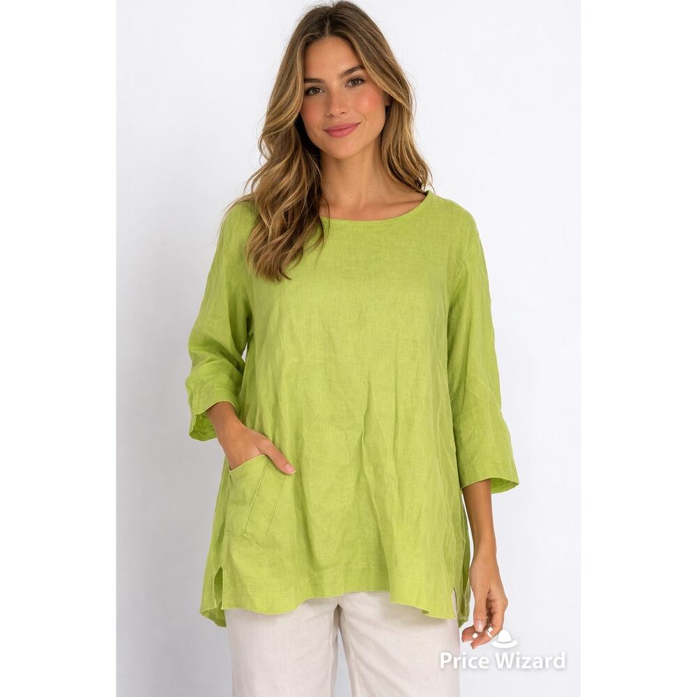 Flax Linen Tunic Top Womens Small Green Lightweight 3/4 Sleeve Relaxed fit